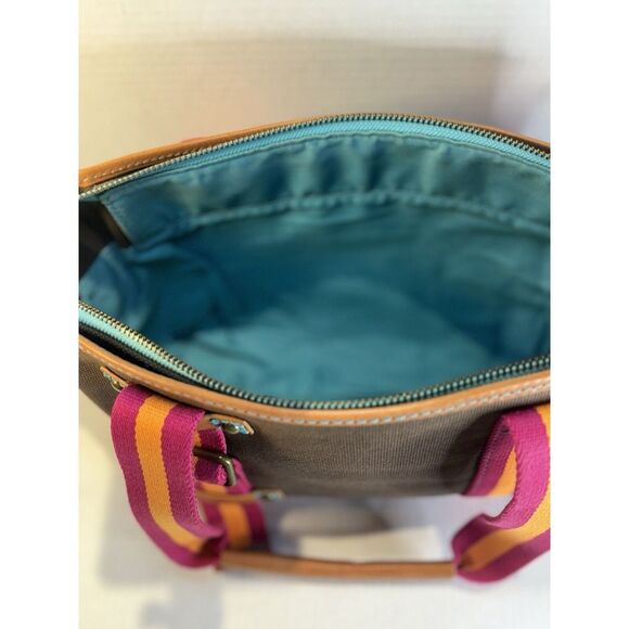 GAP 1969 Heavy Duty Brown Canvas Handbag Leather Trim Orange and Pink Stripes - Picture 7 of 16